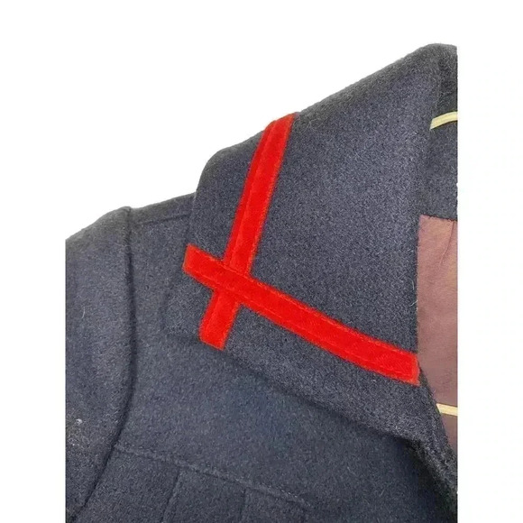 Girls Vintage 6x Rothschild Navy Wool Dress Coat Red Velvet Trim Complete W/ Tie - Picture 4 of 11